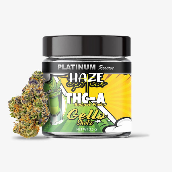 haze exotics platinum reserve thc-a flower gello shotz 3.5 gram flower