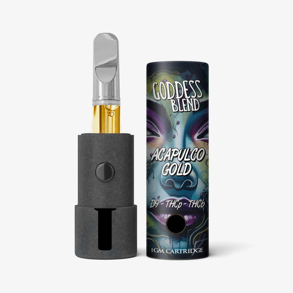 Vape pen and packaging labeled 'Goddess Blend Acapulco Gold' on a white background
