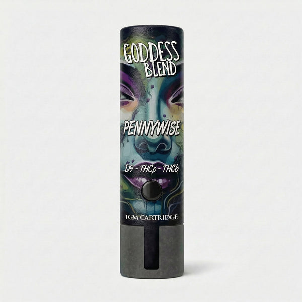 Goddess Blend Pennywise THCp-THC6 vape cartridge packaging on a white background