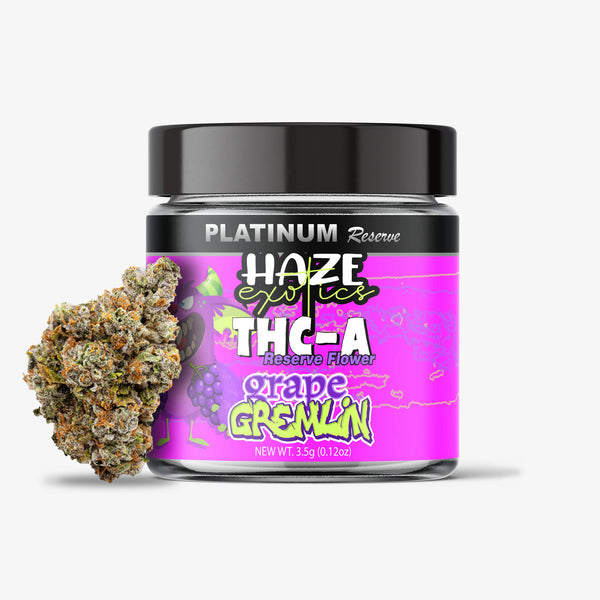 Jar of Platinum Reserve Grape Gremlin THC-A flower on a white background