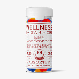 Bottle of Wellness Delta 9 + CBD gummies on a white background