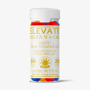 Bottle of 'Elevate Delta 9 + CBD' gummies with colorful packaging on a white background