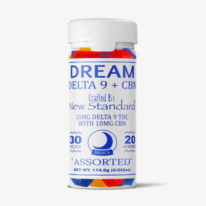 Bottle of Dream Delta 9 + CBD gummies on a white background